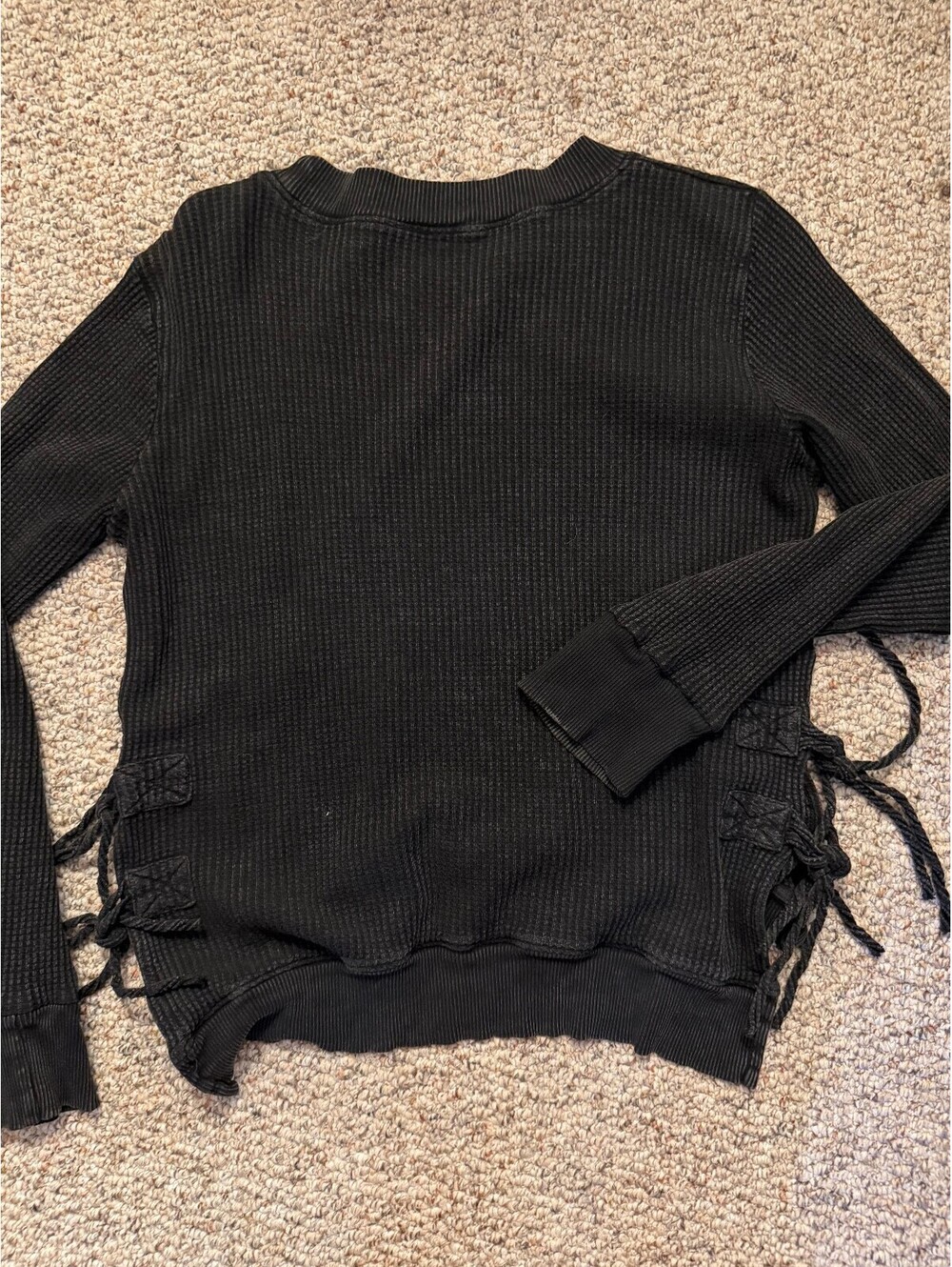 Free People black waffle knit high low long sleeve - Picture 3 of 6